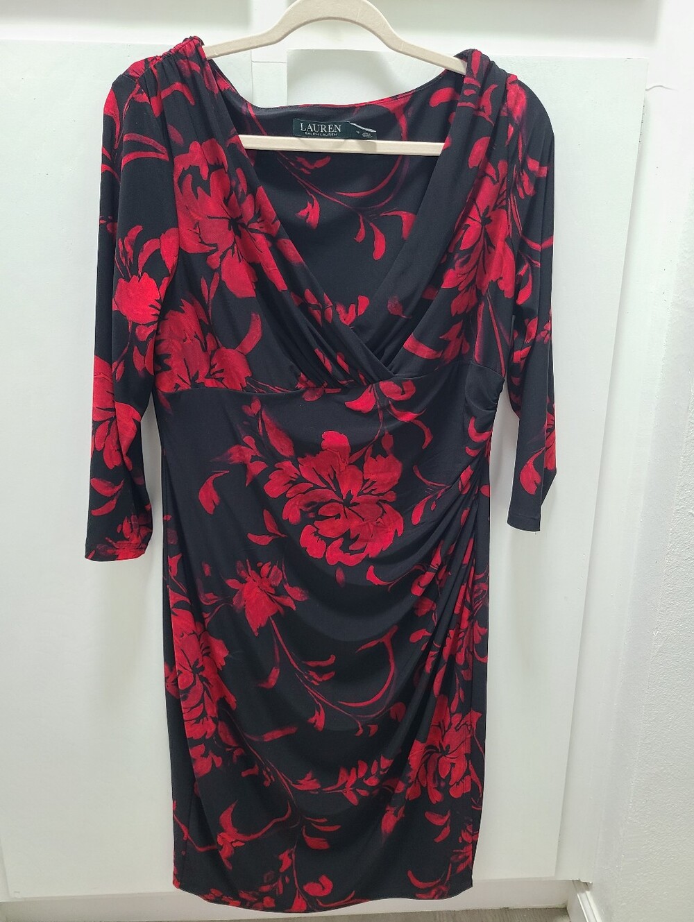 Lauren Ralph Lauren Black & Red Floral Faux Wrap Jersey Dress - Size 16